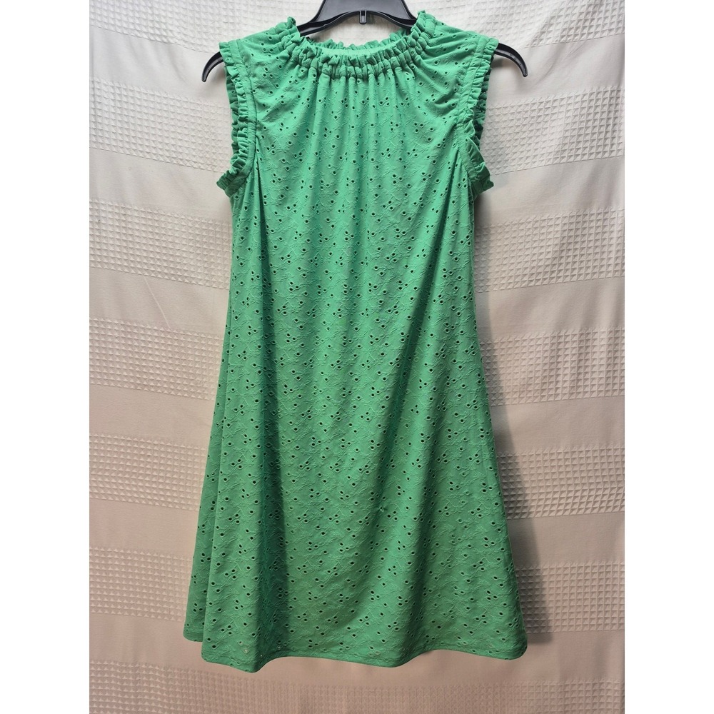 London Times Dress Women Sz M Green Eyelet Sleeveless Knee Length Crew Neck 7343